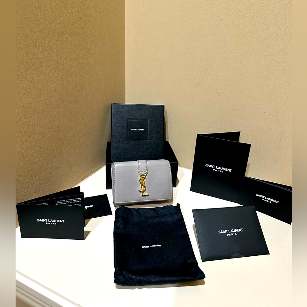 YSL Grey Trifold Auth Leather Wallet Complete W/box